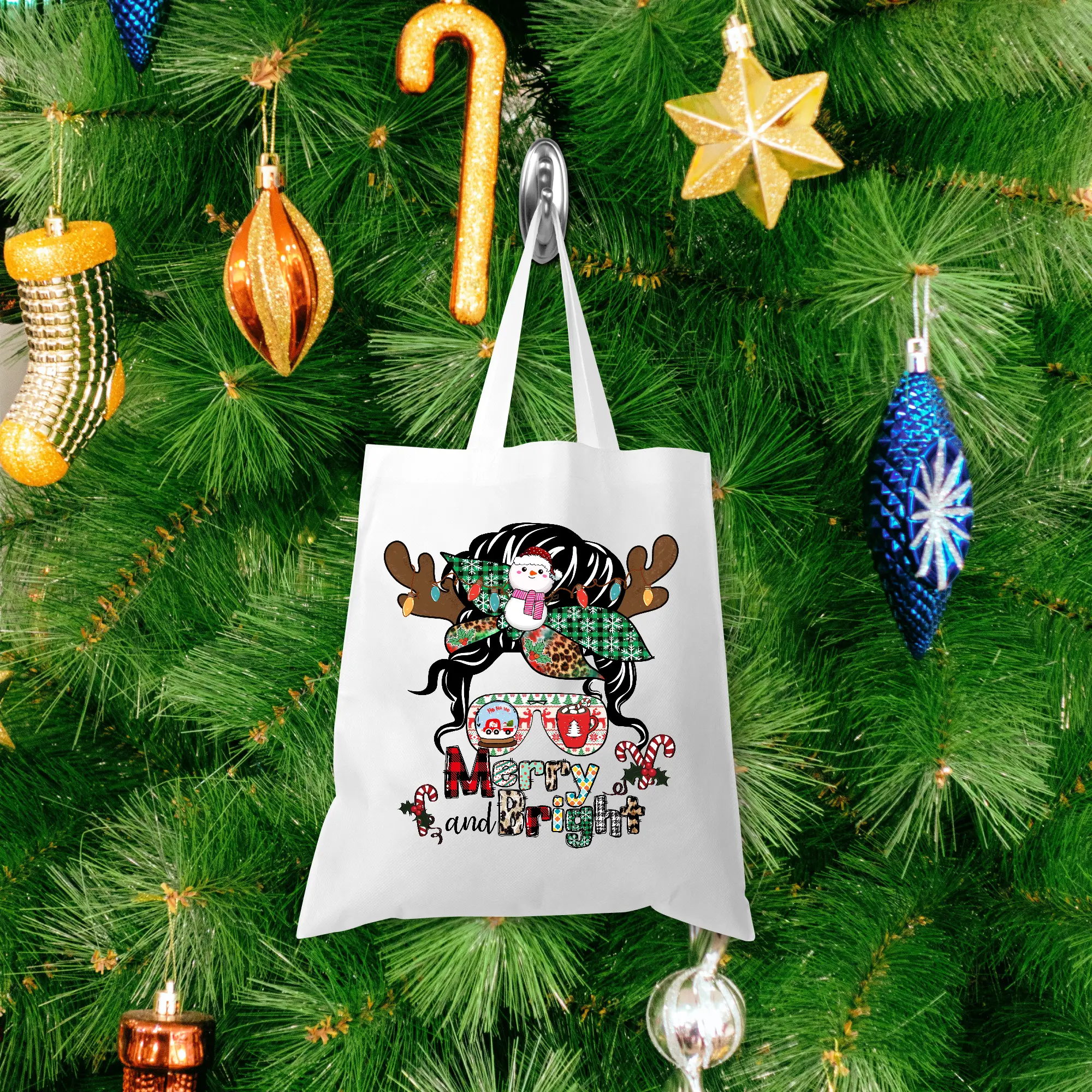 Long Handled White Tote Bag 35 X 39CM - Christmas Design 4