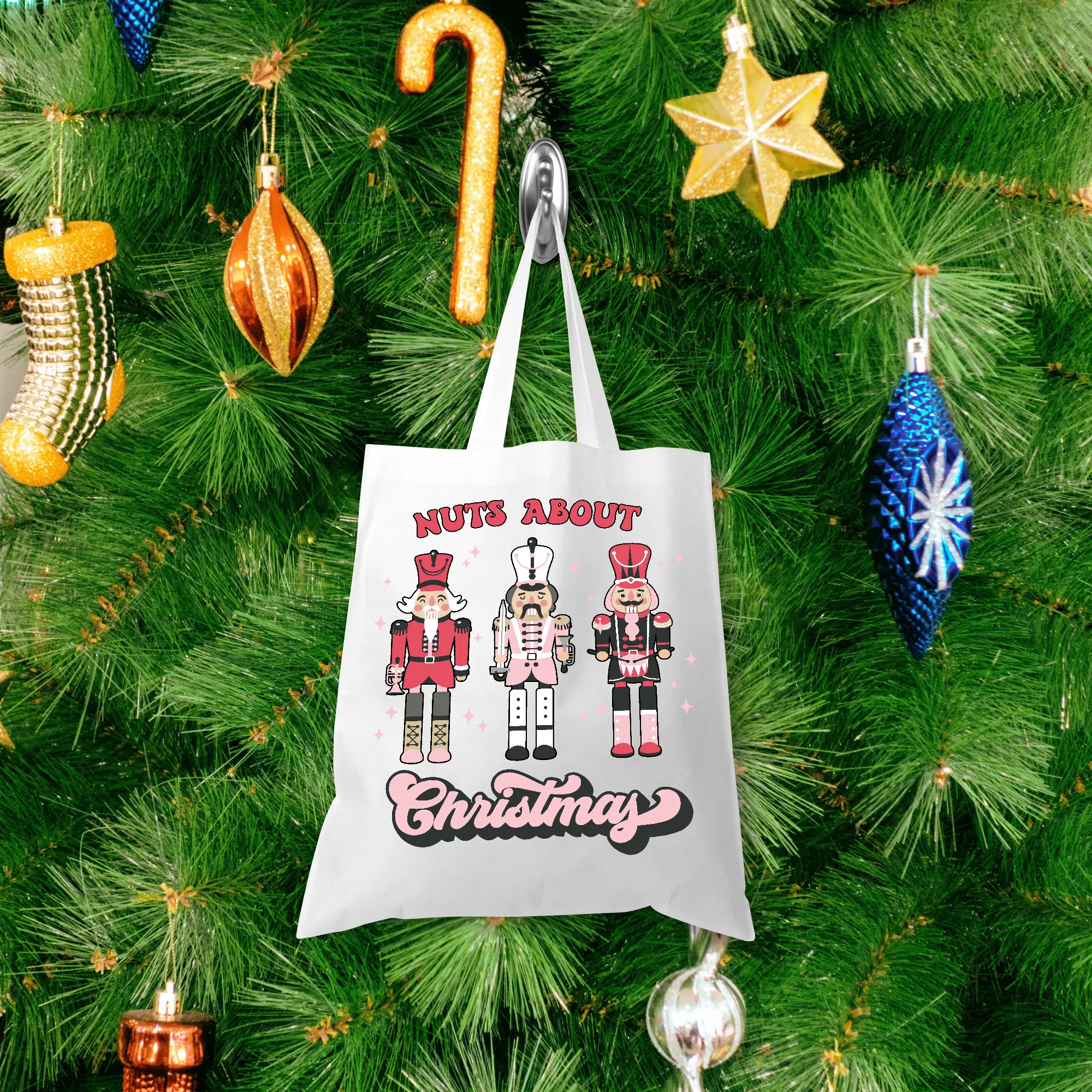 Long Handled White Tote Bag 35 X 39CM - Christmas Design 3