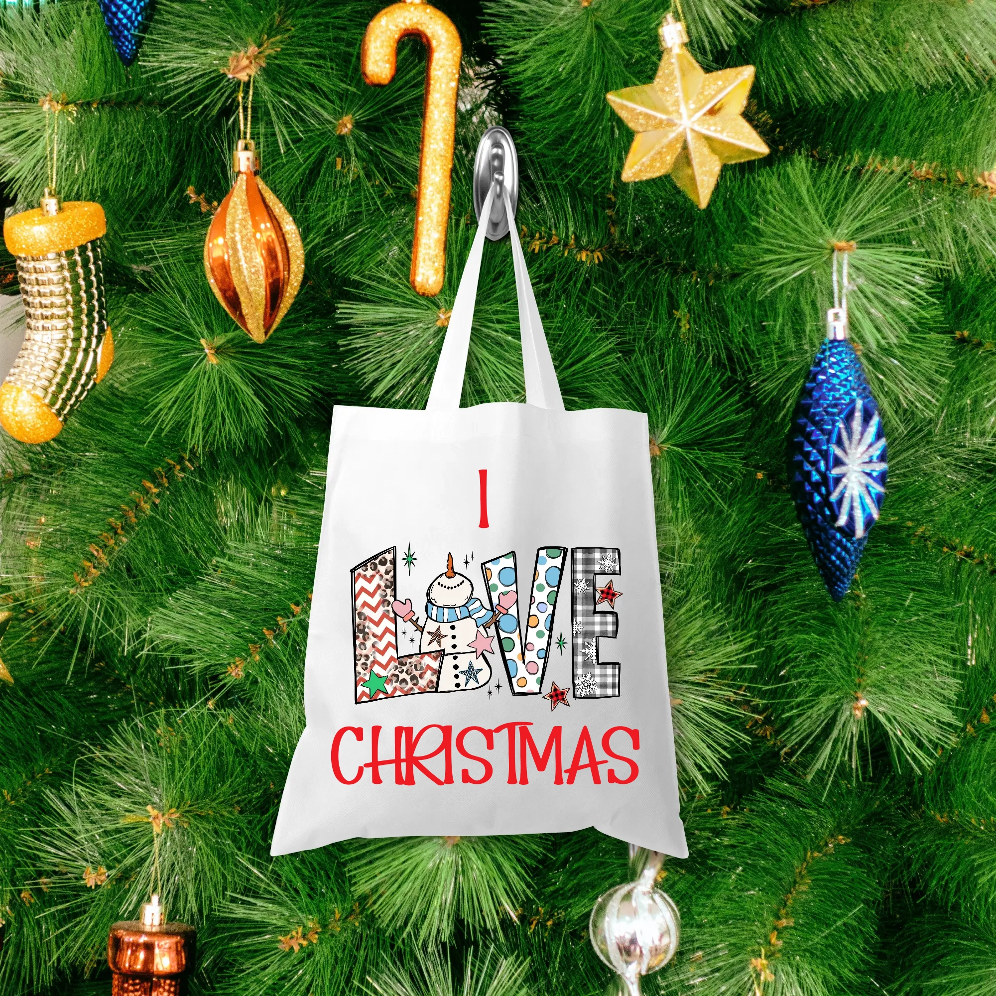 Long Handled White Tote Bag 35 X 39CM - Christmas Design 5